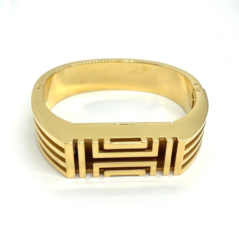 TORY BURCH HINGED BANGLE BRACELET GEOMETRIC GOLD TONE ART DECO